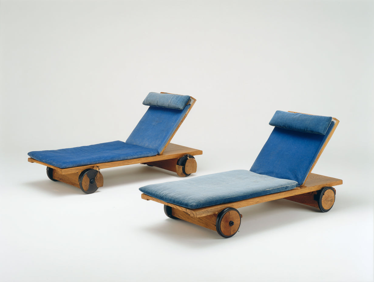 Sonnenliege 2er Set Holz 200x70x85 cm - Natur-Blau - Vintage Stil mit Rollen