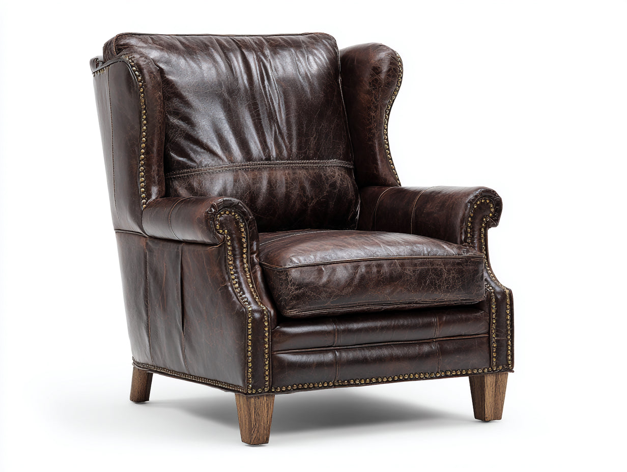Ohrensessel Echtleder 93x87x104 cm dunkelbraun für Wohnzimmer - Vintage Stil mit Nietenbesatz