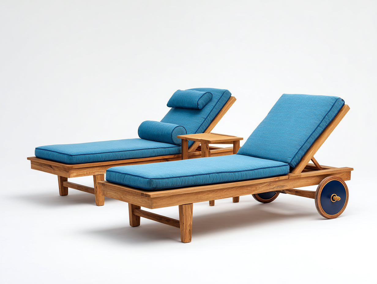 Sonnenliege Holz 198x74x86 cm natur-blau für Garten - mit Rollen und verstellbarer Rückenlehne